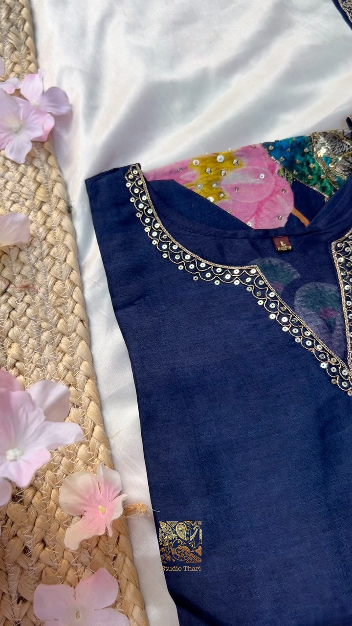 Muslin Kurta Set with detailed embroidered neckline  Shatoon straight stitched pant  Organza dupatta with scalloped lace border